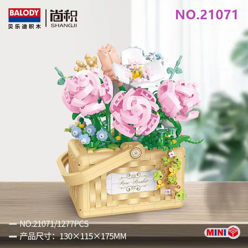 BALODY mini Blocks Kids Building Toys Rose Sunflower Basket of Flowers With Lighting Girls Women Gift Home Decor 21071 21072